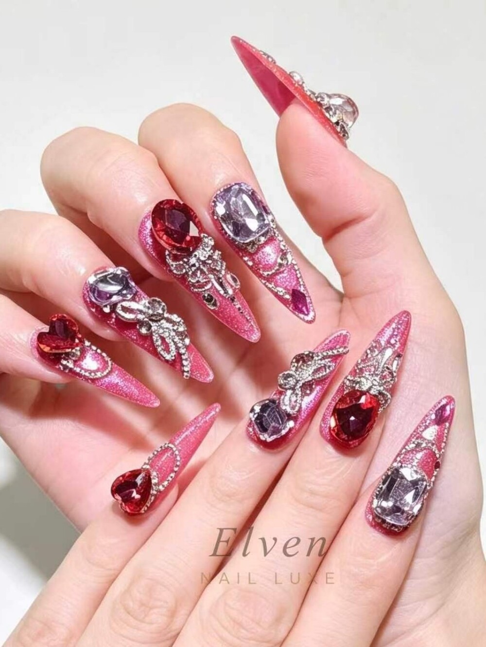 Barbie Core Hot Pink Long Stiletto Press On Nails With Red Heart Gems Rhinestone